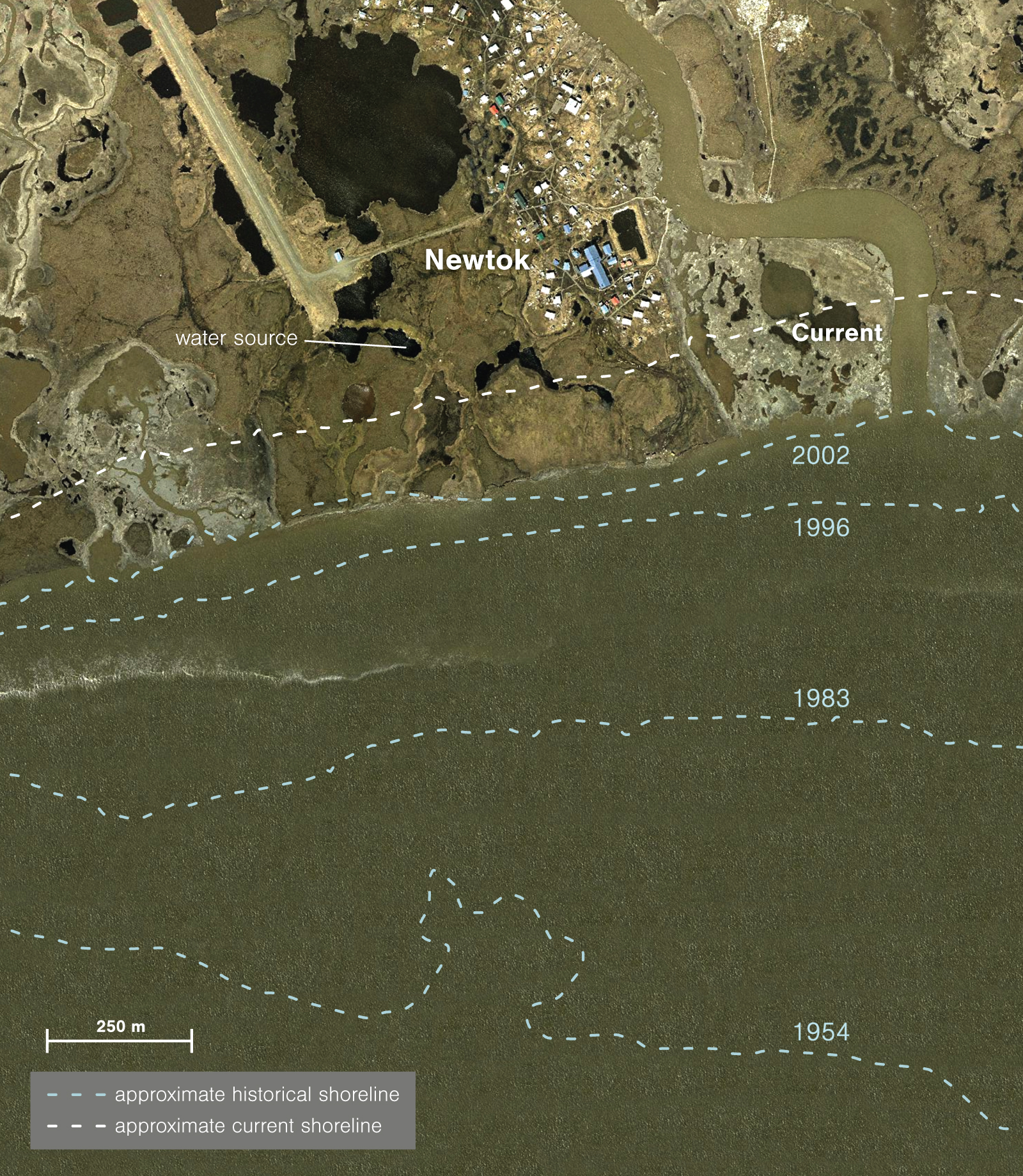 A satellite image of Newtok overlaid with a diagram showing how the shoreline has been enchroaching on the town since 1954.
